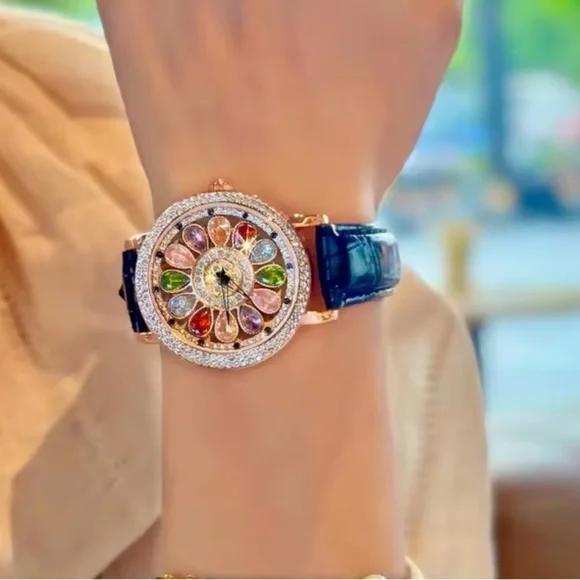 Luxury Rotating Petal Flower Dial Diamond Crystal Watch - Picture 3 of 14